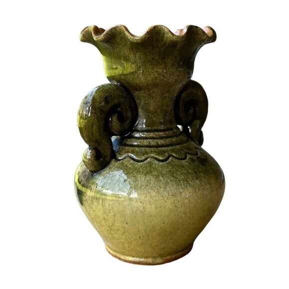 Vintage Hand Crafted Green and Brown Fluted Ceramic Handled Jug - Picture 3 of 6